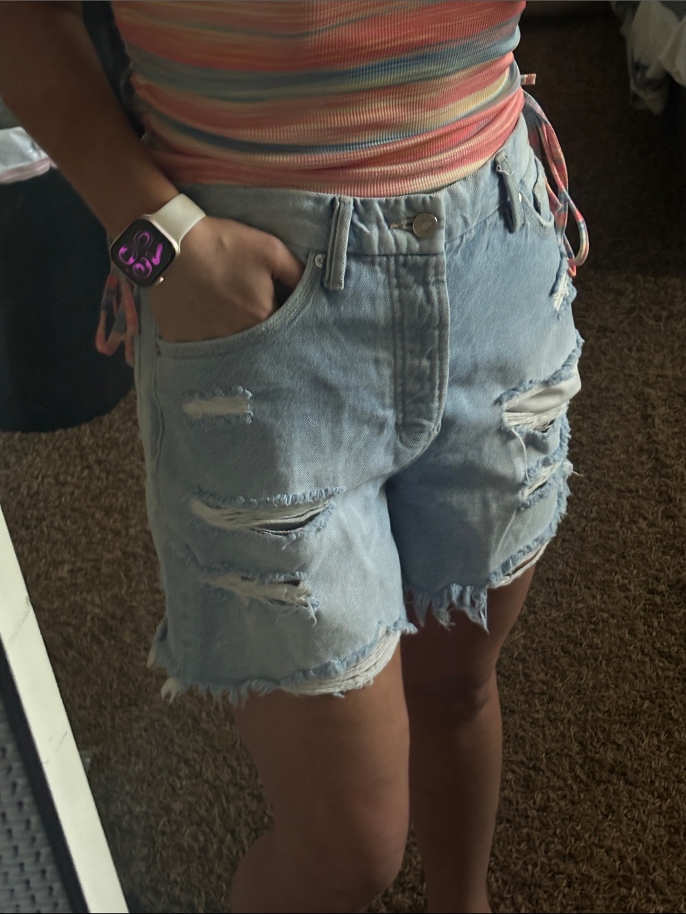 High-Rise 7/27 Light Blue Distressed Denim Shorts - Women